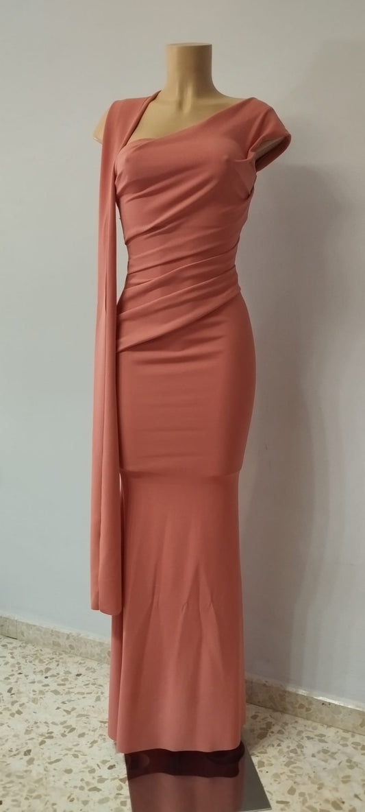 Vestido de Fiesta Largo Asimétrico Rosa Palo