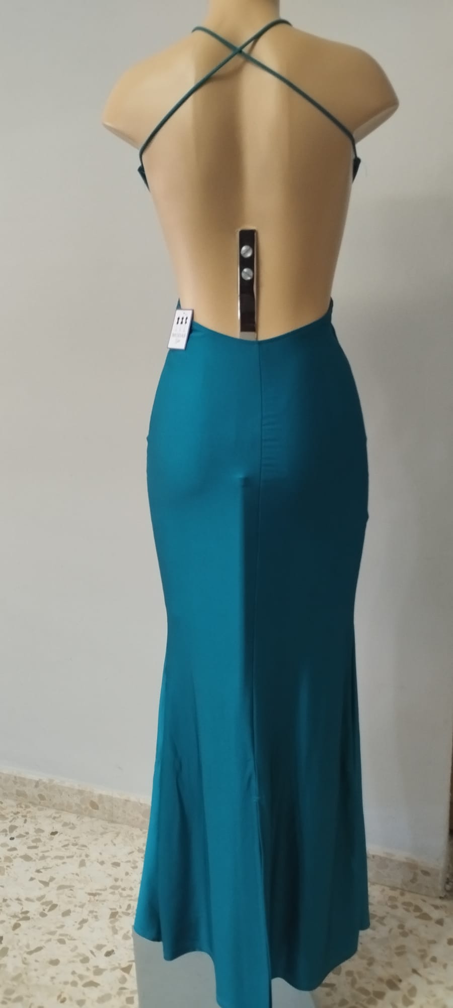 Vestido de Fiesta Largo Verde Petróleo - Escote Profundo y Espalda Cruzada