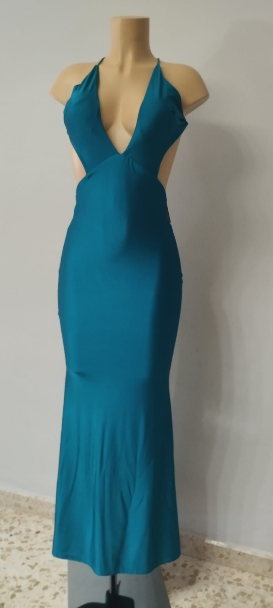 Vestido de Fiesta Largo Verde Petróleo - Escote Profundo y Espalda Cruzada