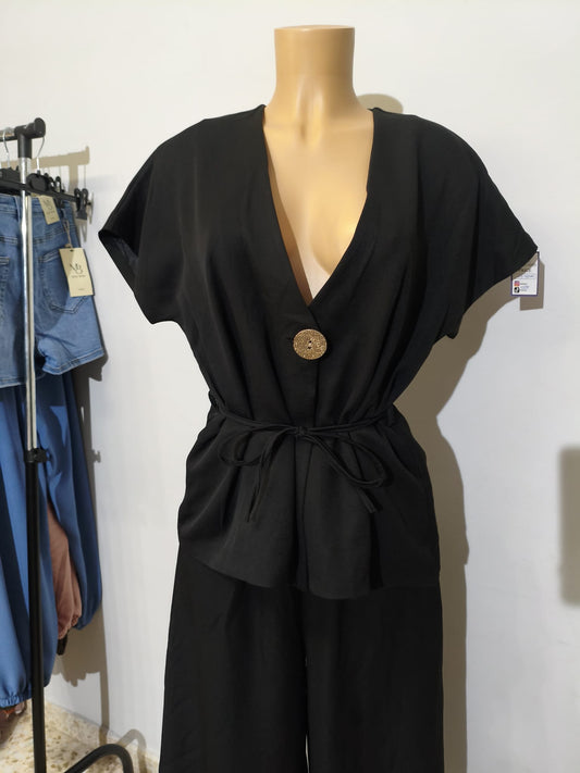 Conjunto Elegante Negro Top Escote V + Pantalón Palazzo
