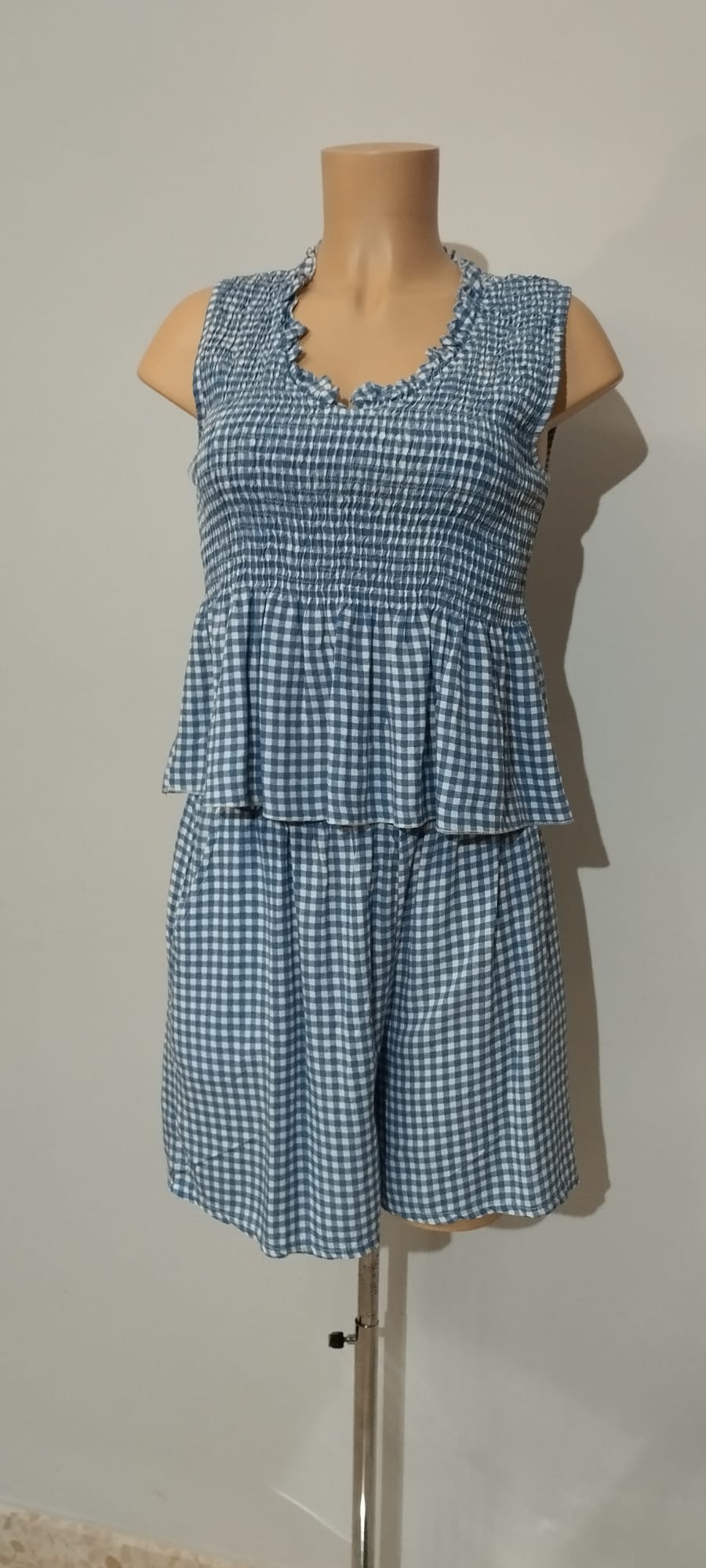 Conjunto Verano Vichy Azul: Top Smock Peplum y Short Ancho