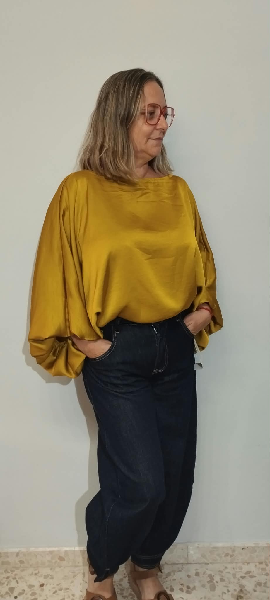 Camisa Seda Satinada Oversize Manga Abullonada - 2 Colores