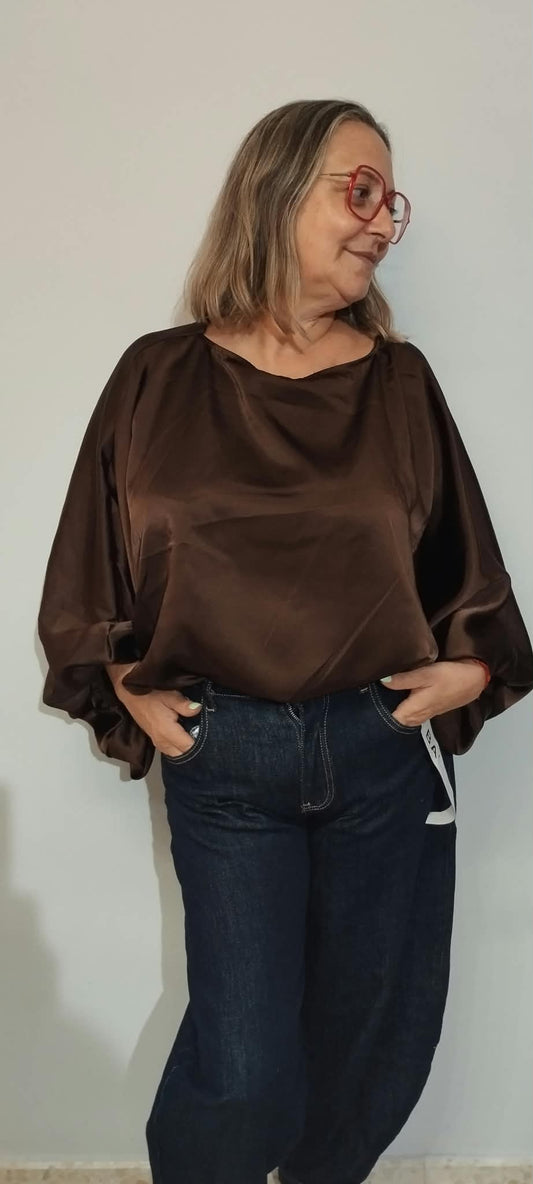 Camisa Seda Satinada Oversize Manga Abullonada - 2 Colores